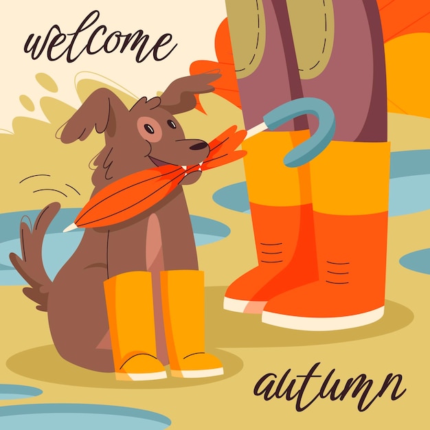 Hand gezeichnete flache Herbstillustration mit dem Hund, der Regenschirm hält
