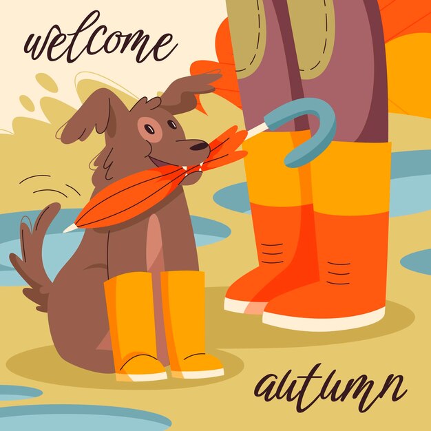 Hand gezeichnete flache Herbstillustration mit dem Hund, der Regenschirm hält
