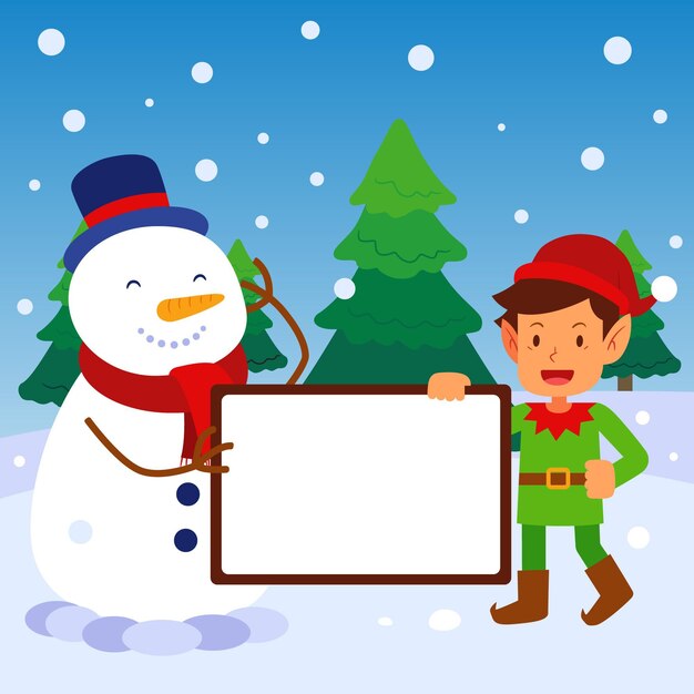 Hand gezeichnete flache Illustration des Weihnachtscharakters, der leere Fahne hält