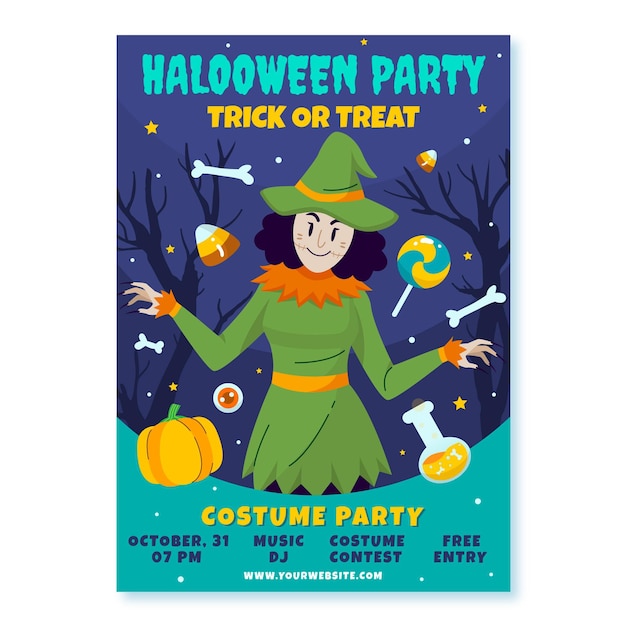 Hand gezeichnete flache vertikale plakatschablone der halloween-party