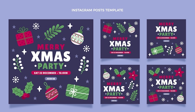 Kostenloser Vektor hand gezeichnete flache weihnachten instagram posts sammlung