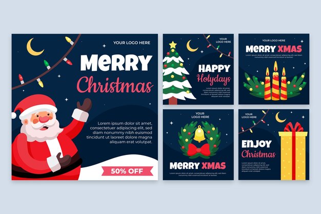 Hand gezeichnete flache weihnachten instagram posts sammlung