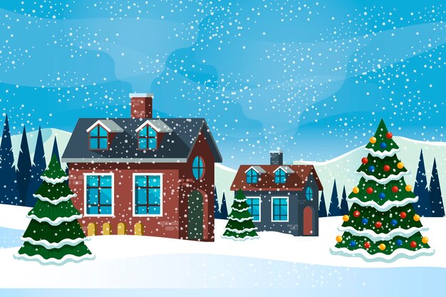 Hand gezeichnete flache Weihnachtsdorfillustration