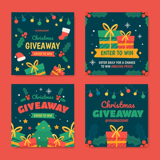 Hand gezeichnete flache Weihnachtsgeschenk-Instagram-Posts-Sammlung
