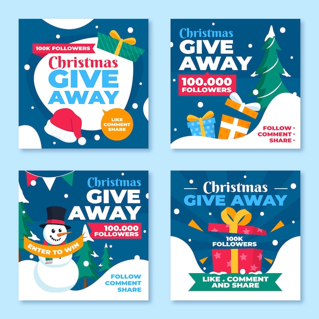 Hand gezeichnete flache Weihnachtsgeschenk-Instagram-Posts-Sammlung