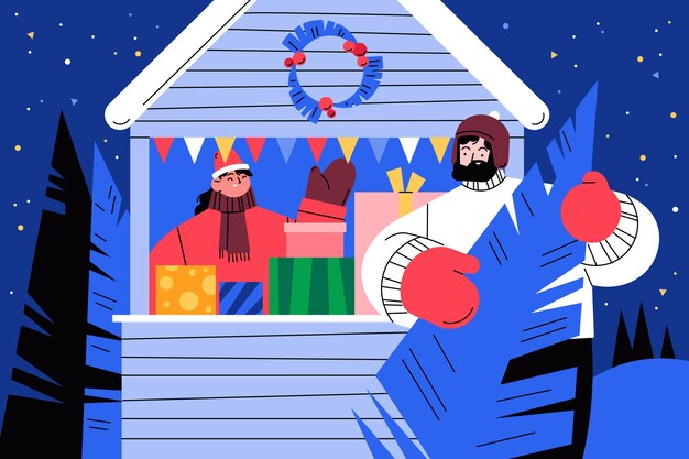 Hand gezeichnete flache Weihnachtsmarktillustration