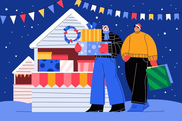 Hand gezeichnete flache Weihnachtsmarktillustration