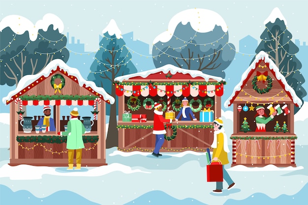 Hand gezeichnete flache Weihnachtsmarktillustration