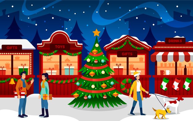 Hand gezeichnete flache Weihnachtsmarktillustration