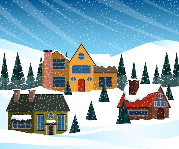 Hand gezeichnete flache Winterdorfillustration