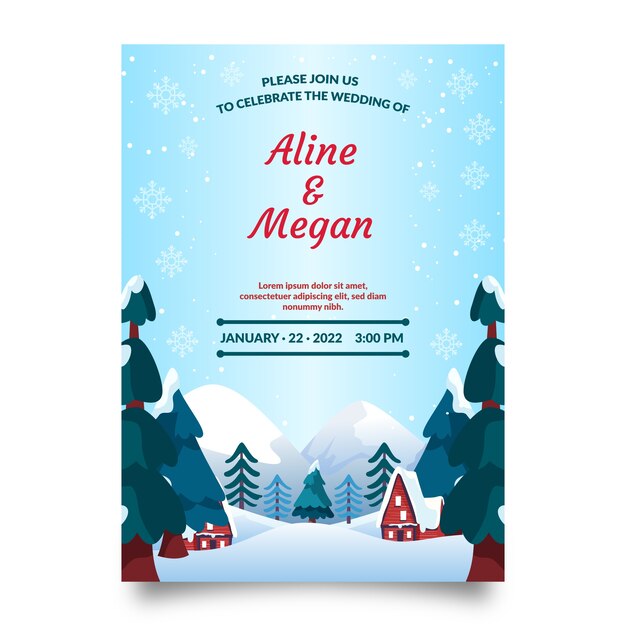 Hand gezeichnete flache Winterhochzeitseinladungsschablone