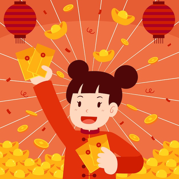 Kostenloser Vektor hand gezeichnete glückliche geldillustration des chinesischen neuen jahres