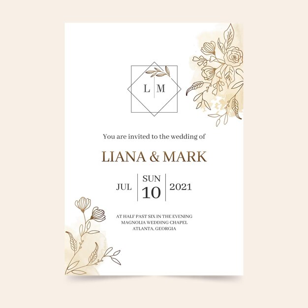 Hand gezeichnete goldene hochzeitseinladungsschablone