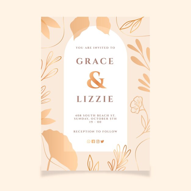 Hand gezeichnete goldene hochzeitseinladungsschablone