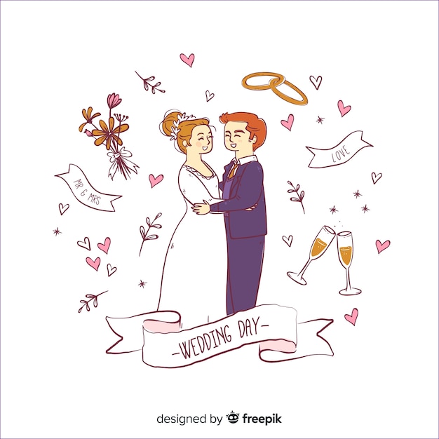 Hand gezeichnete Hochzeitspaare mit Verzierungen