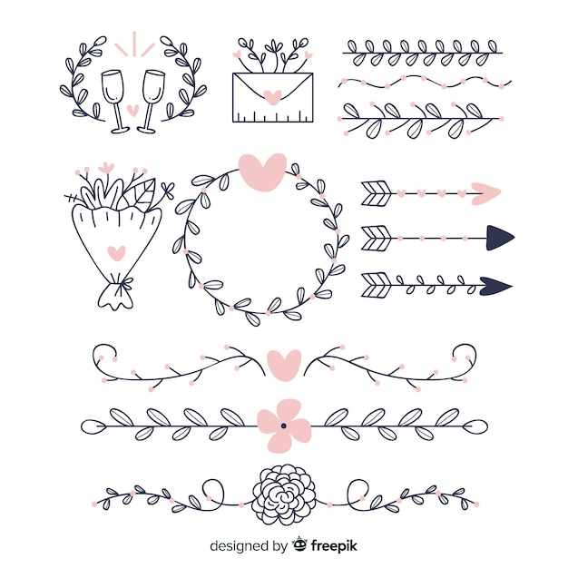 Kostenloser Vektor hand gezeichnete hochzeitsverzierungssammlung