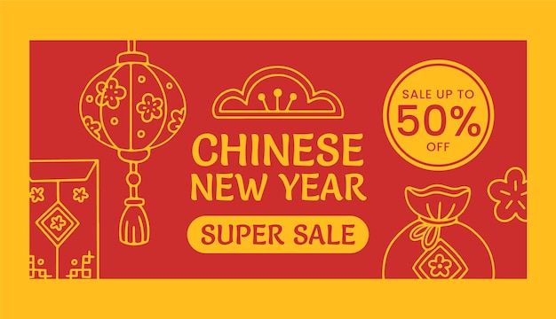 Hand gezeichnete horizontale verkaufsfahnenschablone des chinesischen neujahrs