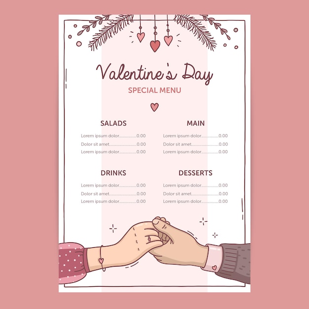 Hand gezeichnete illustration valentinstag menüschablone