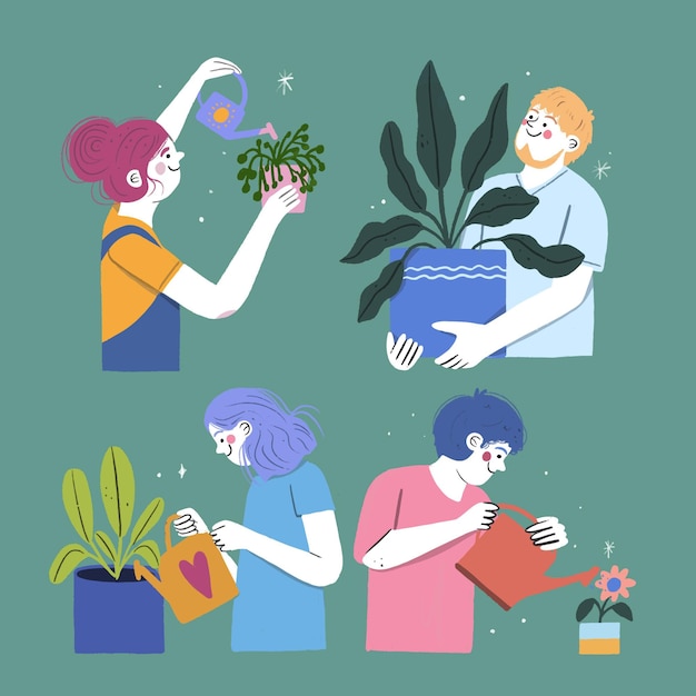 Hand gezeichnete Illustration von Personen, die sich um Pflanzen kümmern