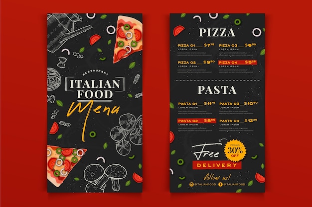 Kostenloser Vektor hand gezeichnete italienische speisekarte