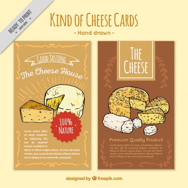 Kostenloser Vektor hand gezeichnete karten von verschiedenen arten von käse