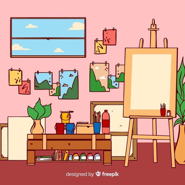 Hand gezeichnete Kunststudio-Arbeitsplatzillustration