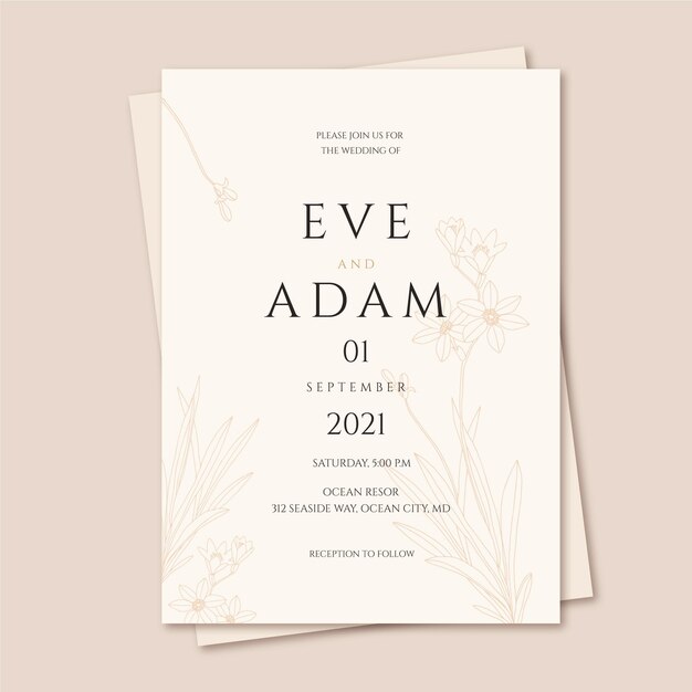Hand gezeichnete minimalistische Hochzeitseinladungsschablone