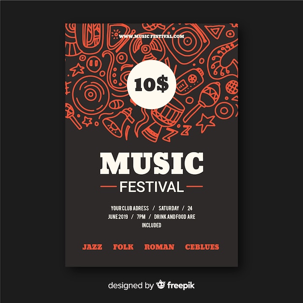 Kostenloser Vektor hand gezeichnete musikfestival-plakatschablone