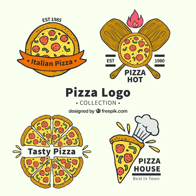 Kostenloser Vektor hand gezeichnete pizza-logo-kollektion