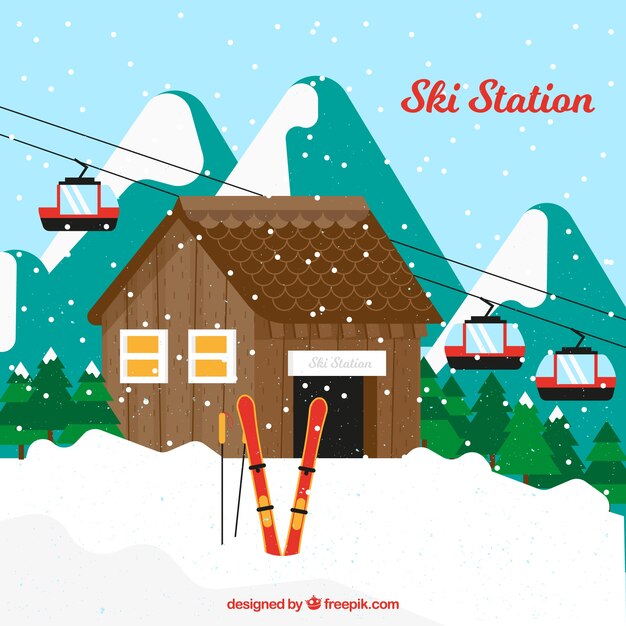 Hand gezeichnete Skistation