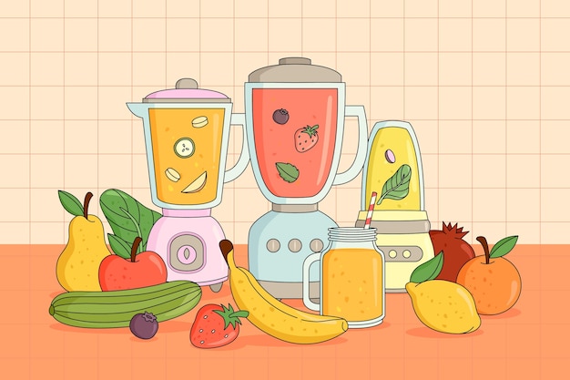 Kostenloser Vektor hand gezeichnete smoothies in der mixerglasillustration