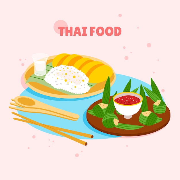 Hand gezeichnete thailändische lebensmittelillustration des flachen designs