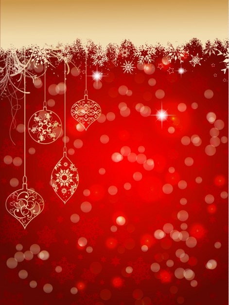 Kostenloser Vektor hand gezeichnete weihnachtskugeln auf einem roten hintergrund bokeh