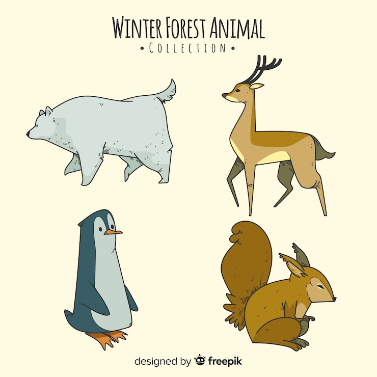 Kostenlose Vektor hand gezeichnete winterwaldtiersammlung