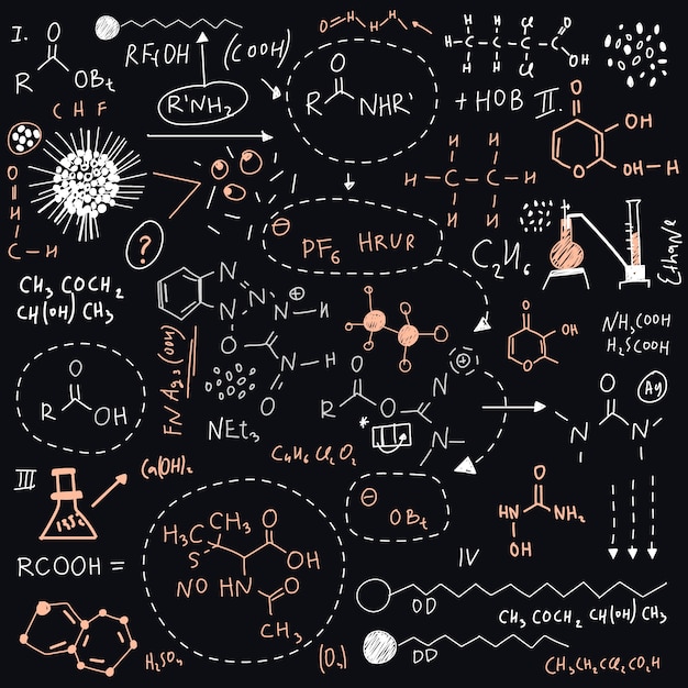 Hand gezeichnete wissenschaftliche formeln auf tafel