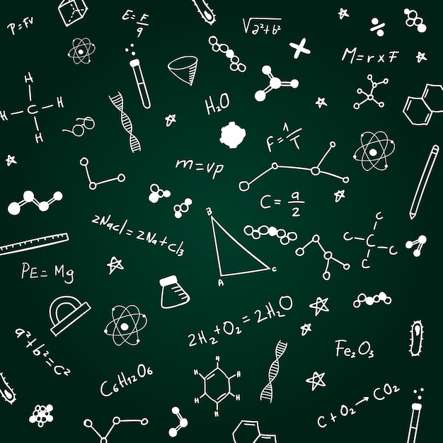 Hand gezeichnete wissenschaftliche Formeln auf Tafelhintergrund