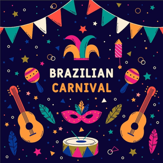 Kostenloser Vektor hand gezeichneter brasilianischer karneval mit instrumenten