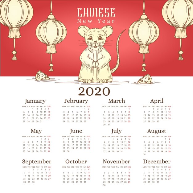 Kostenloser Vektor hand gezeichneter chinesischer kalender des neuen jahres