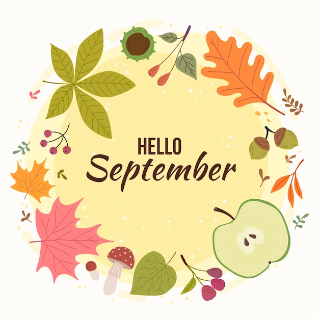 Kostenloser Vektor hand gezeichneter hallo septemberhintergrund für herbstfeier