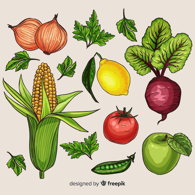 Hand gezeichneter Hintergrund des frischen Obst und Gemüse
