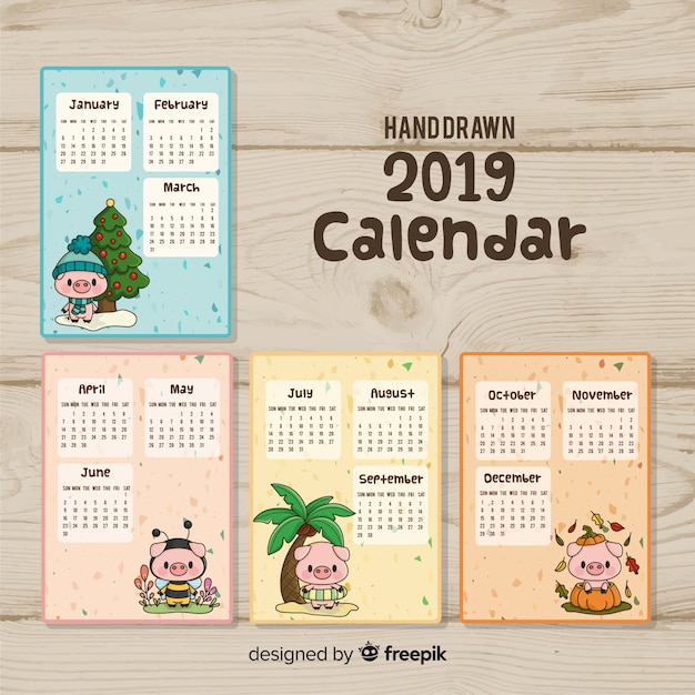 Hand gezeichneter kalender des neuen jahres 2019