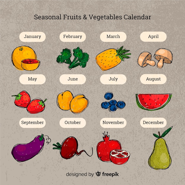 Kostenloser Vektor hand gezeichneter kalender von saisongemüse und -früchten