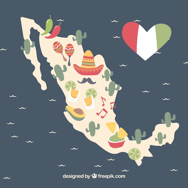 Kostenloser Vektor hand gezeichneter mexikanischer kartenhintergrund mit elementen