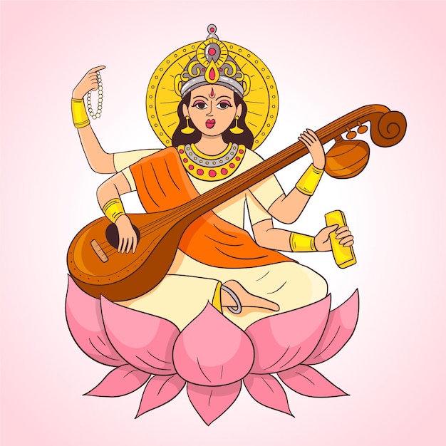 Hand gezeichneter saraswati, der auf einem musikinstrument spielt