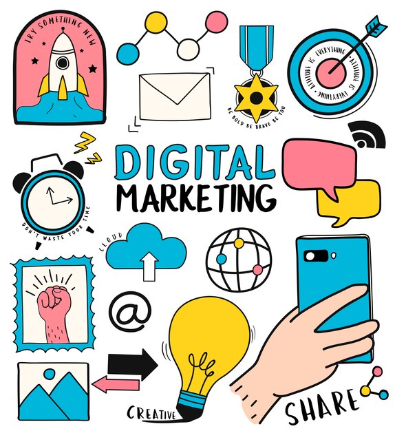 Hand gezeichneter Satz der Illustration des digitalen Marketingsymbols