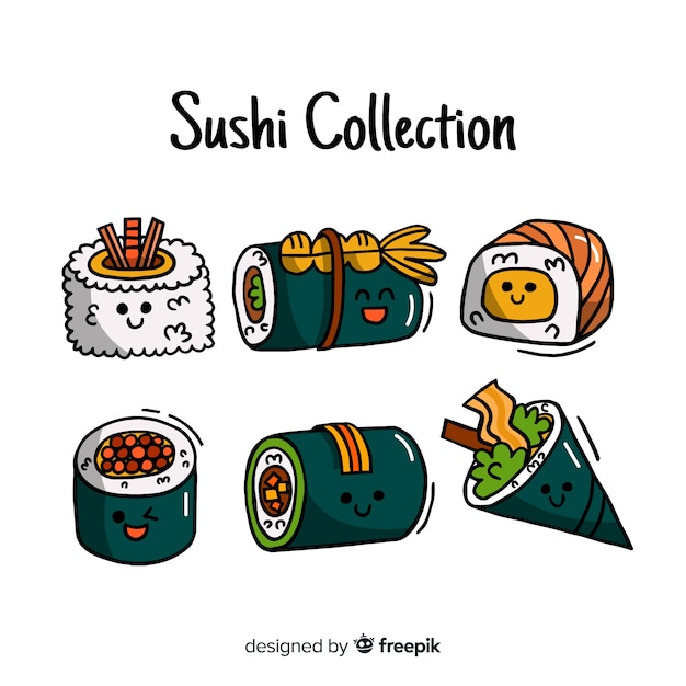 Hand gezeichneter sushi kawaii satz