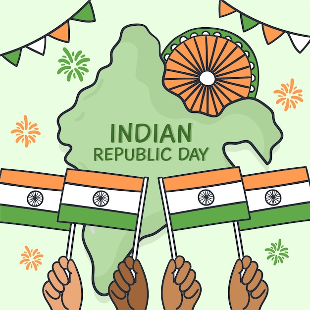 Hand gezeichneter tag der indischen republik mit karte und flaggen