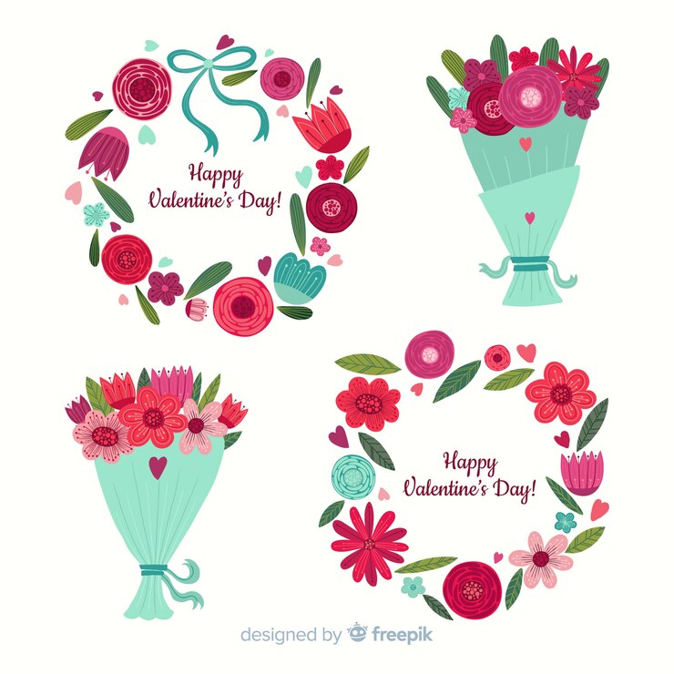 Kostenlose Vektor hand gezeichneter valentinsgrußblumensatz