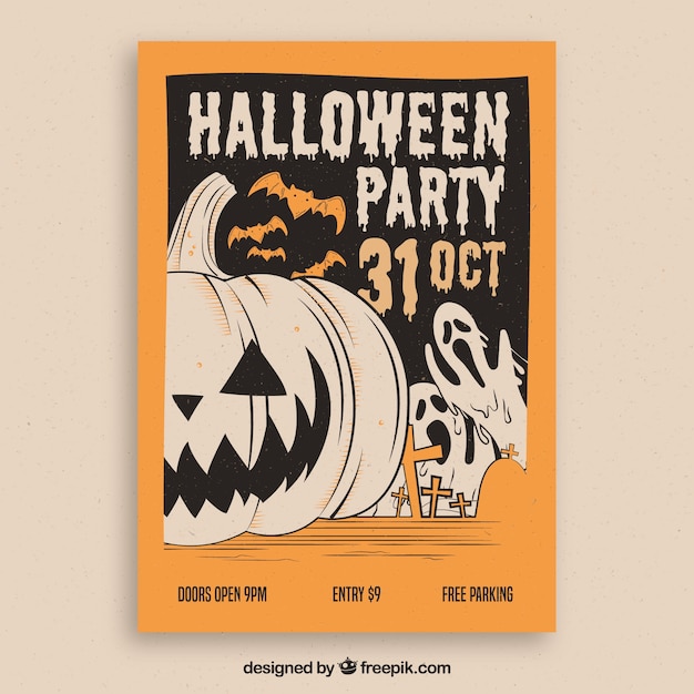 Kostenloser Vektor hand gezeichnetes halloween-partyplakat