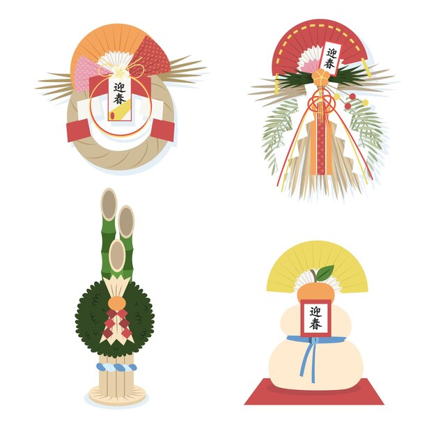 Hand gezeichnetes japanisches Neujahrsdekorationsset